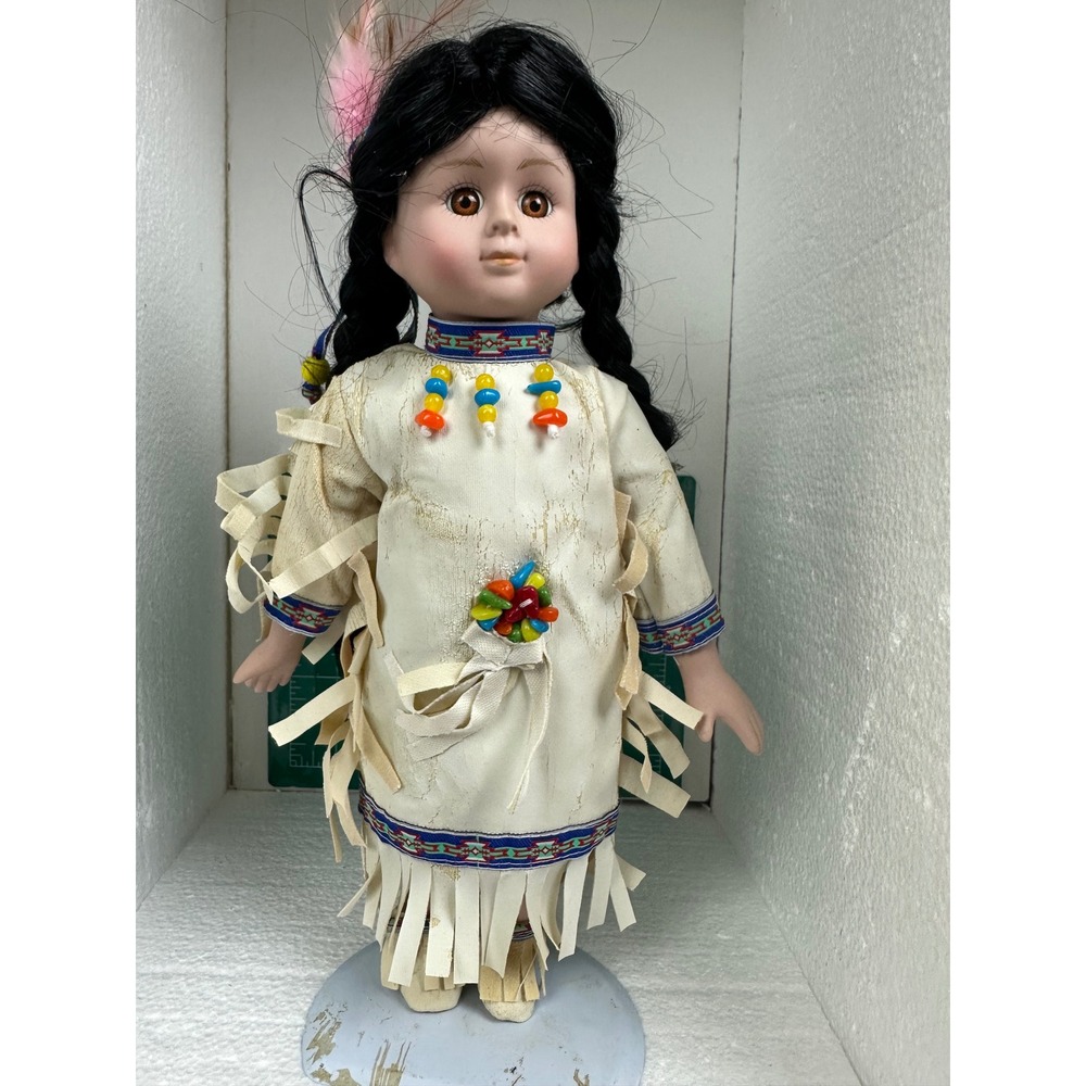 Porcelain Native American Indian Doll w/ Faux Suede Dress Collectible